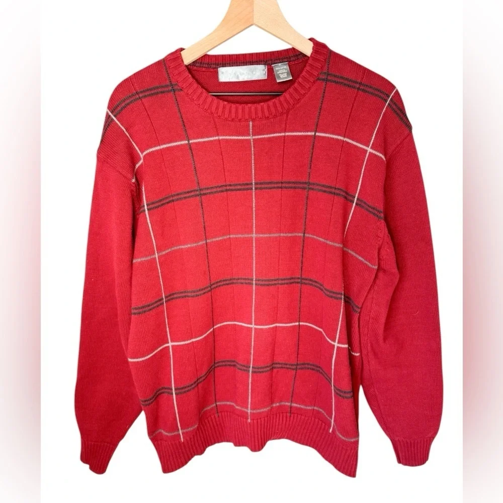 Oscar De La Renta Mens Vintage Brick Red Crew Neck Cotton Plaid Sweater Sz XL